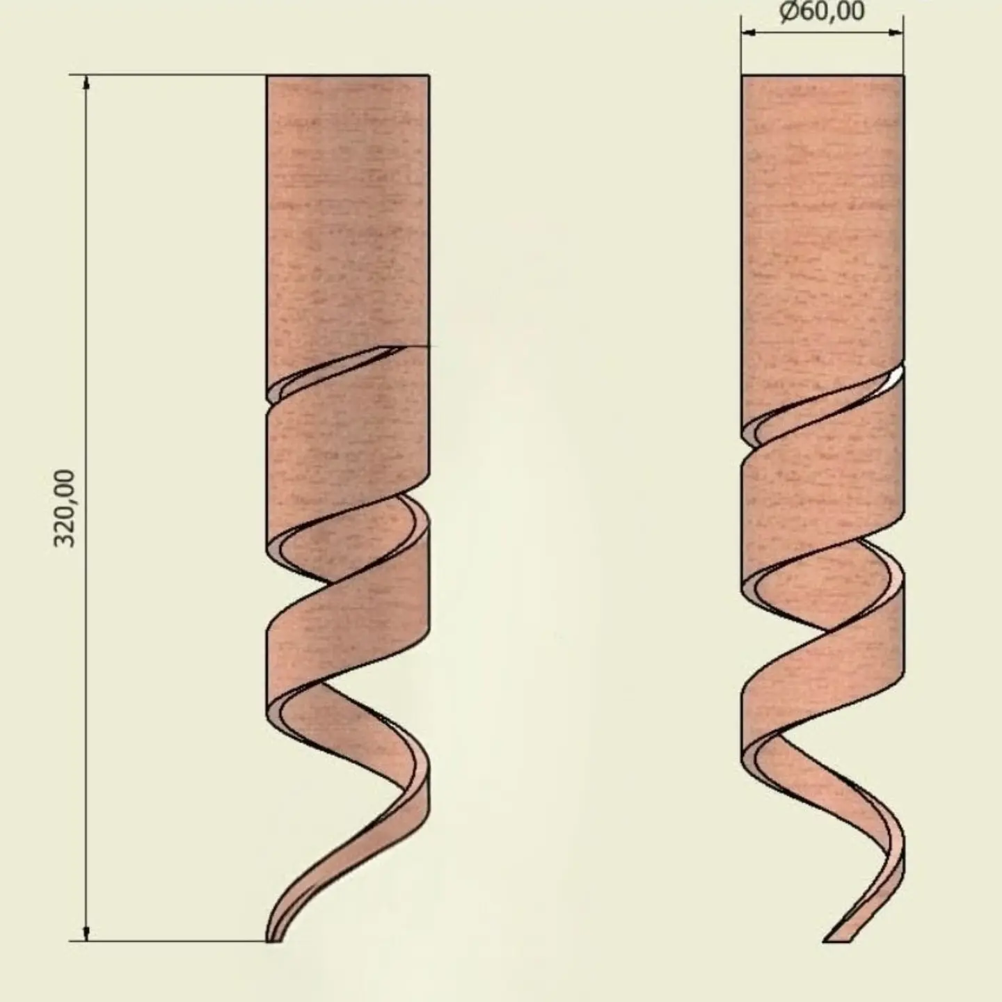 Teknisk tegning av spiralpendel, 320 mm høy, Ø60 mm